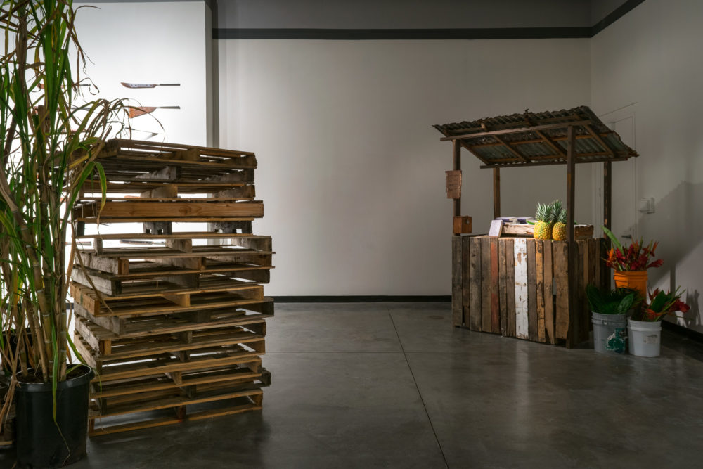 On the left side of the image, a tall stack of wooden pallets and a leafy plant, next to it. On the right side, a small wooden stall, adorned with tropical fruits, including pineapples and flowers.