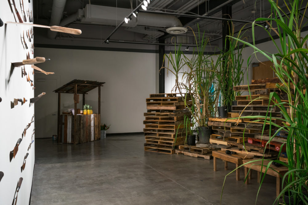 A cluster of plants with wooden pallets on the right side. There is a small wooden stall in the back. On the left side are various knives.