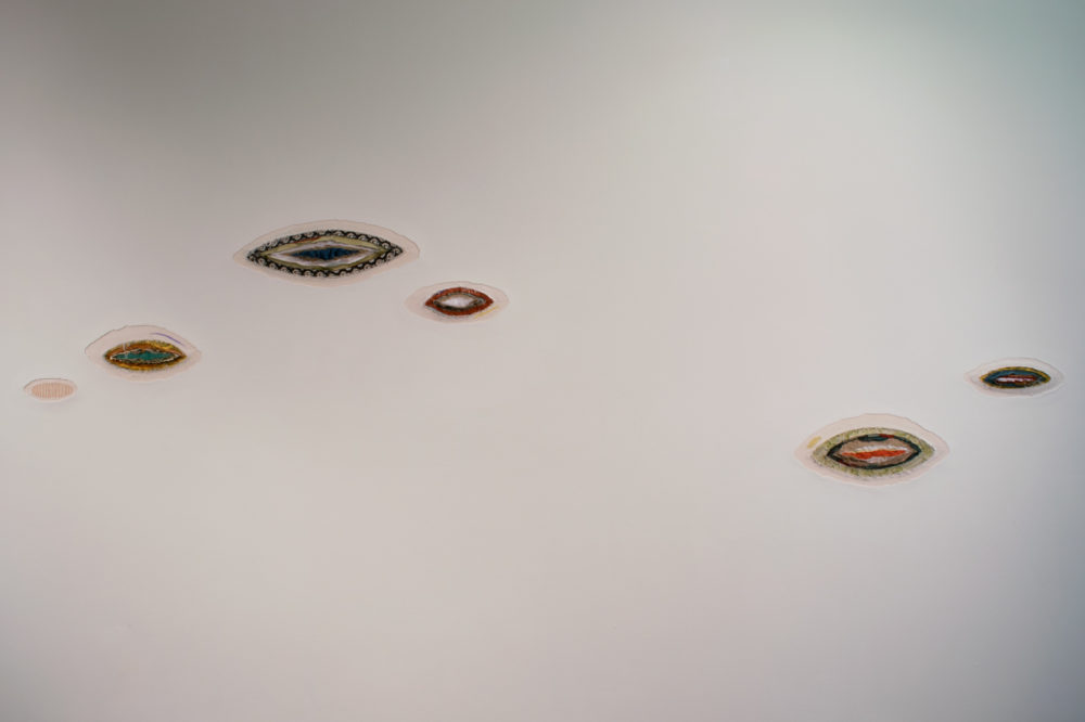 On a white wall, several small, circular shapes are arranged in a seemingly random pattern.