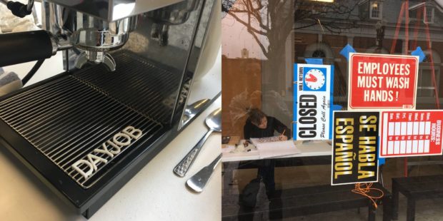 Image of espresso machine with word Daybob upon it and a store front window with multiple business signs 