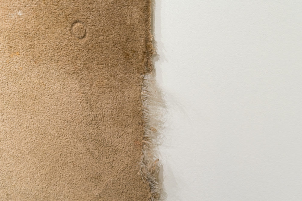 This image shows a close-up of a piece of brown fabric or carpet. The fabric is textured, with visible fibers and a slightly frayed edge. The background is a plain white wall.