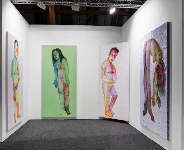 Ann Hirsch's colorful nude portrait drawings shown in Steve Turner Gallery's Booth.