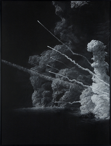 White drawing of a smoke cloud on a black background by Kwon Kyunghwan called "Untitled 26"