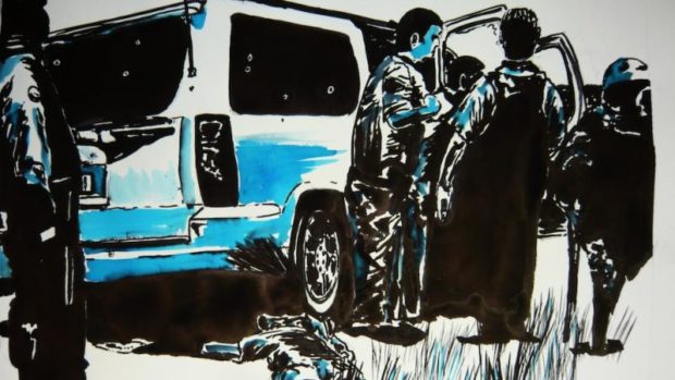 Painting of men around a vehicle yes