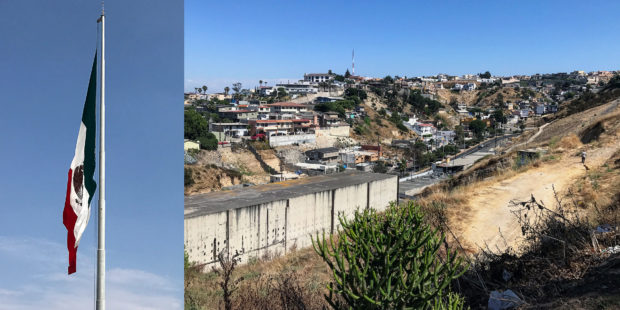 Mexican Flag along the border and the view of a hillside in Tijuana