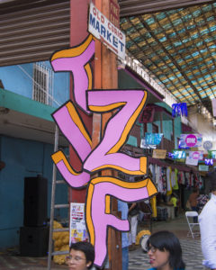 pink and orange letters spelling TJZF