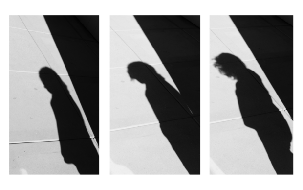 Triptych with the shadows of a woman on the street.