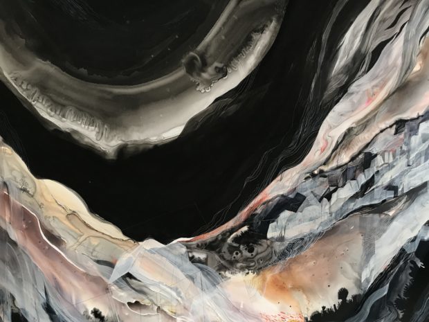 Abstract painting with dark tones and subtle warm colors accents