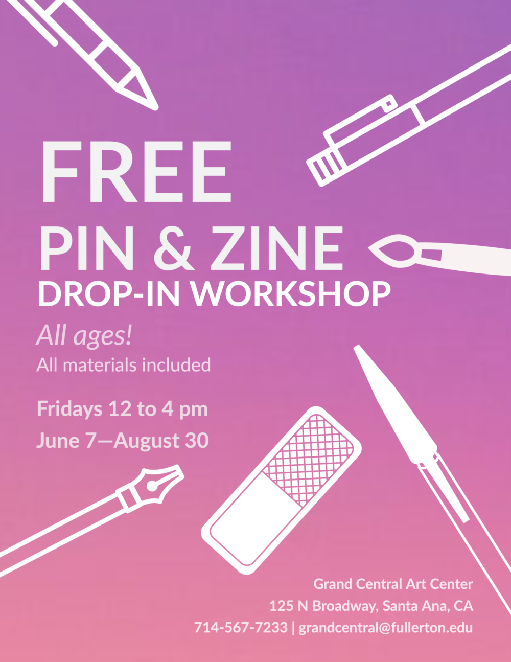 Flyer with text information with title of workshop "Free Pin & Zine Drop-In Workshop" on a purplish and pink gradient background.