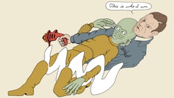 Comic rendition of a man holding down an alien creature 