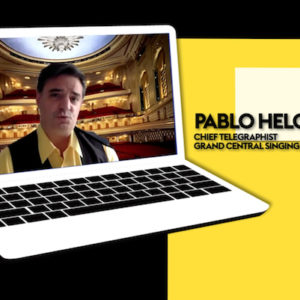 Artist Pablo Helguera's image on a laptop computer for singing telegram project