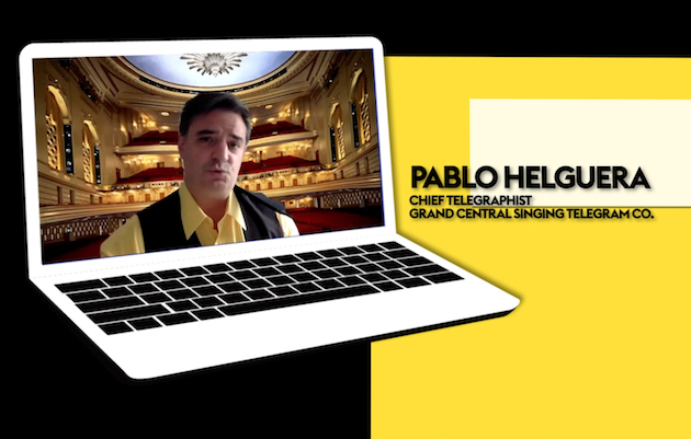 Artist Pablo Helguera's image on a laptop computer for singing telegram project
