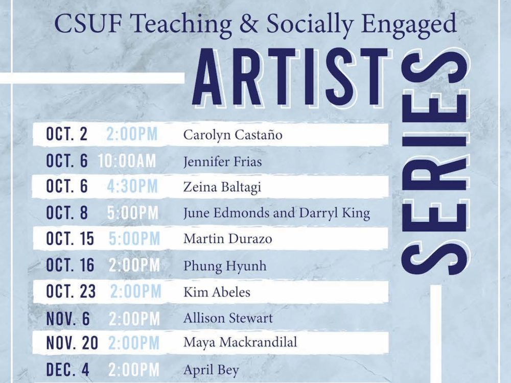 Blue flyer announcing the Teaching and Socially Engaged Artist Series