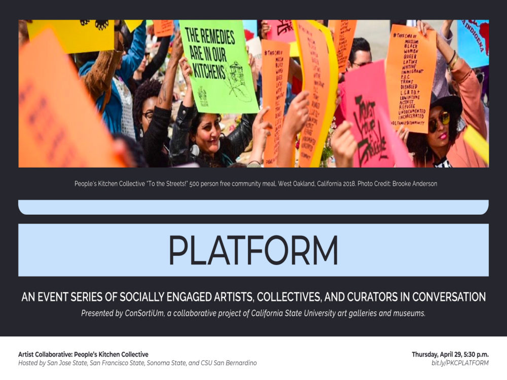 Colorful image of people gathered and holding up signs. Below image is text promoting People's Kitchen Collective Platform Series Talk