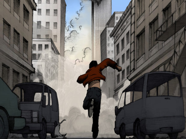 animated image of man running down street