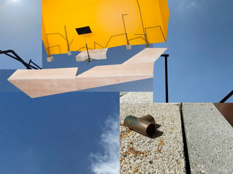 collaged image with blue sky images with cropped in image of a space with yellow wall and black music stand and T pipe on a concrete ground