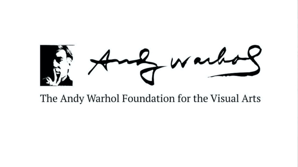 black and white illustrated image of artist Andy Warhol with his signature to the left and the words The Andy Warhol Foundation for the Visual Arts below