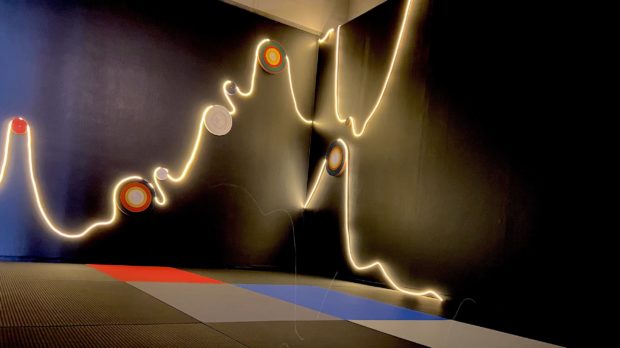 a string of lights in wave like forms against a black wall. Circles made of judo belts hang upon the wall intermixed with the lights. Floor is a pattern of red, blue, grey, and black judo mats.