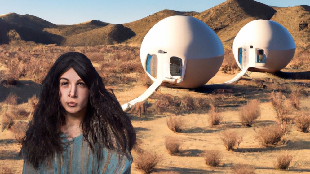 An A.I. generated image of a woman in the black haired woman in the foreground and two white circular living pods located in the desert behind her.