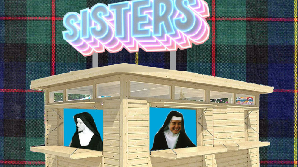 a wood structure with two windows with nuns looking out of each. On top the structure is a neon sign that reads Sisters in glowing pink and blue text.