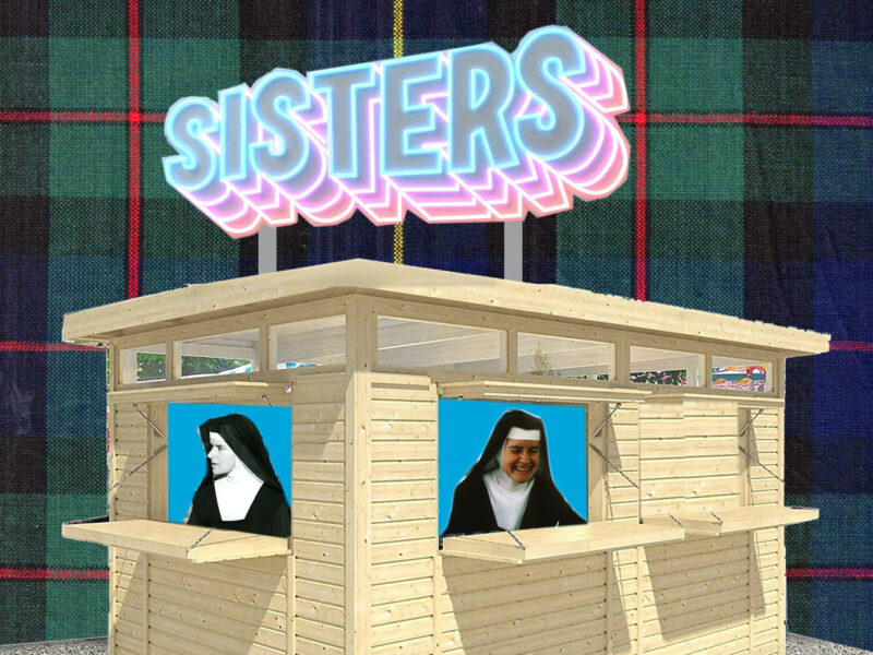 Photoshopped images of two nuns in a wooden structure, with the word "sisters" on top.