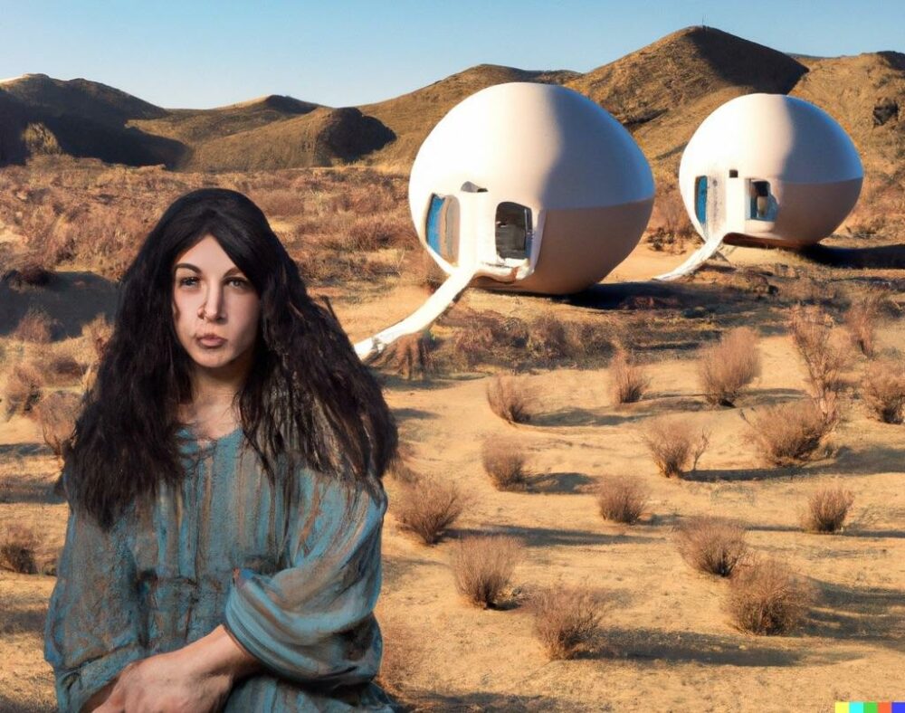woman with dark hair at lower left stands in front of desert landscape that includes two white round living home-like pods