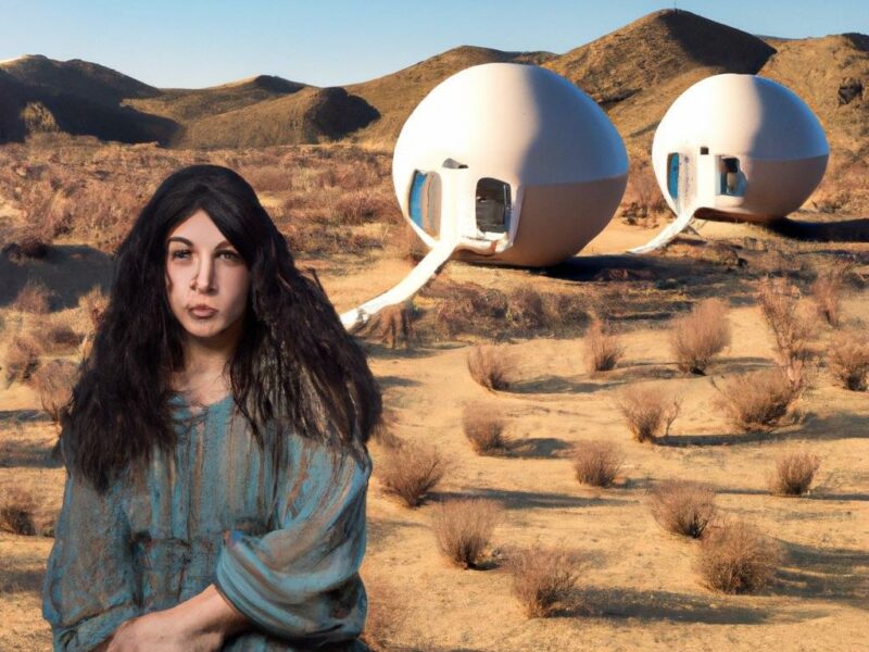 woman with dark hair at lower left stands in front of desert landscape that includes two white round living home-like pods