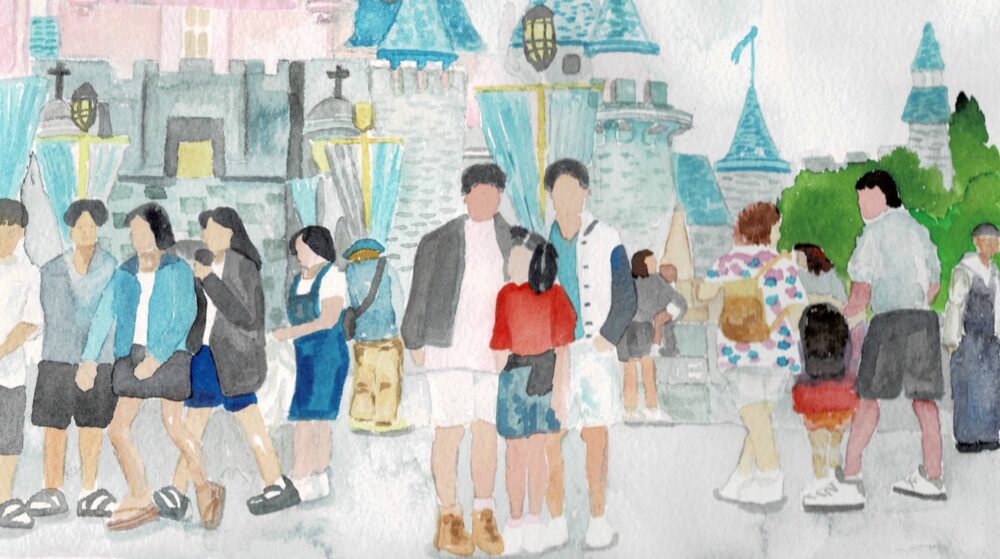 water color painting in pastel colors depicting a family posing in front of the Disneyland castle with crowds behind