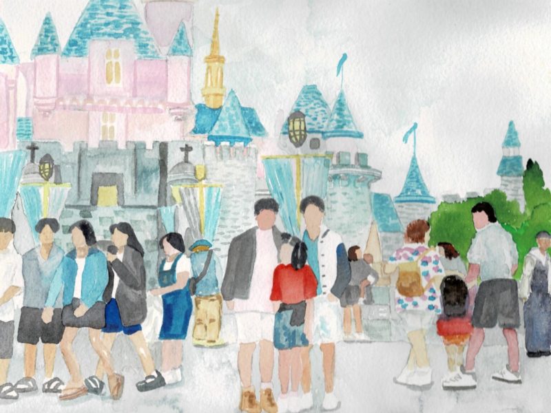water color painting in pastel colors depicting a family posing in front of the Disneyland castle with crowds behind