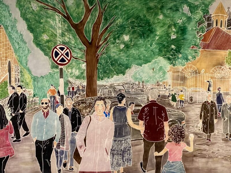 A large painting of a street scene with people and cars walking along a building lined street