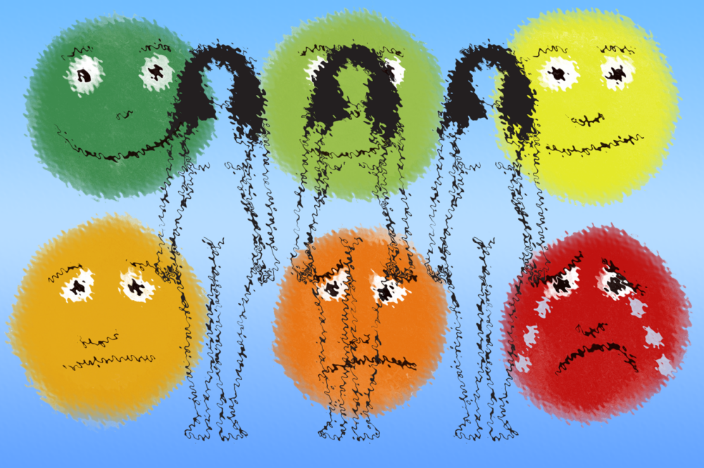 Image Description: Six cartoony smiley faces are lined up in two rows against a blue background. They may be familiar to those who have seen a pain scale pictogram. Each face has a different color, making a gradient that goes from deep green to deep red, with yellow and orange faces in the middle. The first face is smiling widely and the last face is frowning in crying. Each face in between shows the smile progressively going from a smile, to a so-so expression, to the frown. On top of these faces, is a woman's outline in black. Her long curly hair resembles the artist's. The body is repeated 3 times. The entire image has a wavy, distorted effect that blurs the lines and shapes.