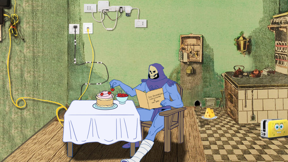 Cartoon image of Skeleton sitting at a table decorating a cake