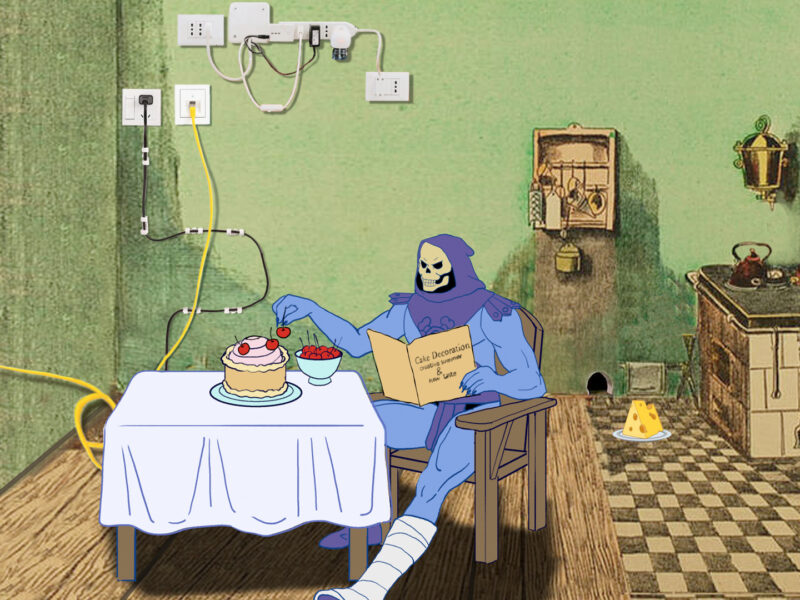 Cartoon image of Skeleton sitting at a table decorating a cake