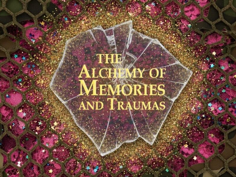 A background of brown and purples with shattered glass with the text The Alchemy of memories and Traumas layer over.