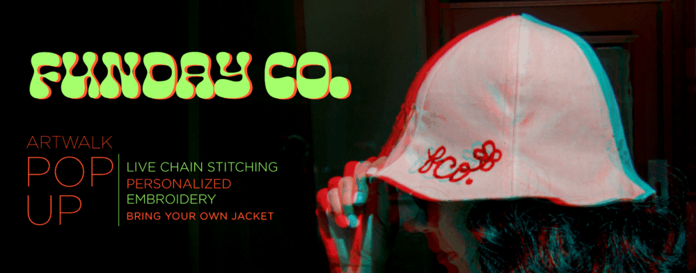 On a black background, a colorful text to the left side reads from top to bottom "Funday Co. ARTWALK POP UP, LIVE CHAIN STITCHING, PERSONALIZED EMBROIDERY, BRING YOUR OWN JACKET". On the left side of image is a woman with a white bucket style hat on that is embroiderred with the letter eco in cursive.
