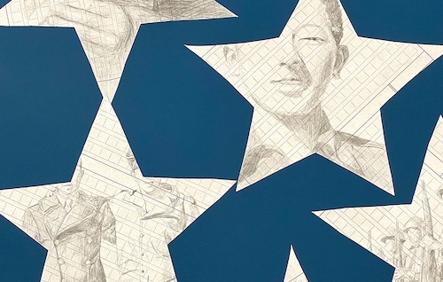 Blue background with white stars. Upon the stars are portraits of individuals drawn with thin black lines