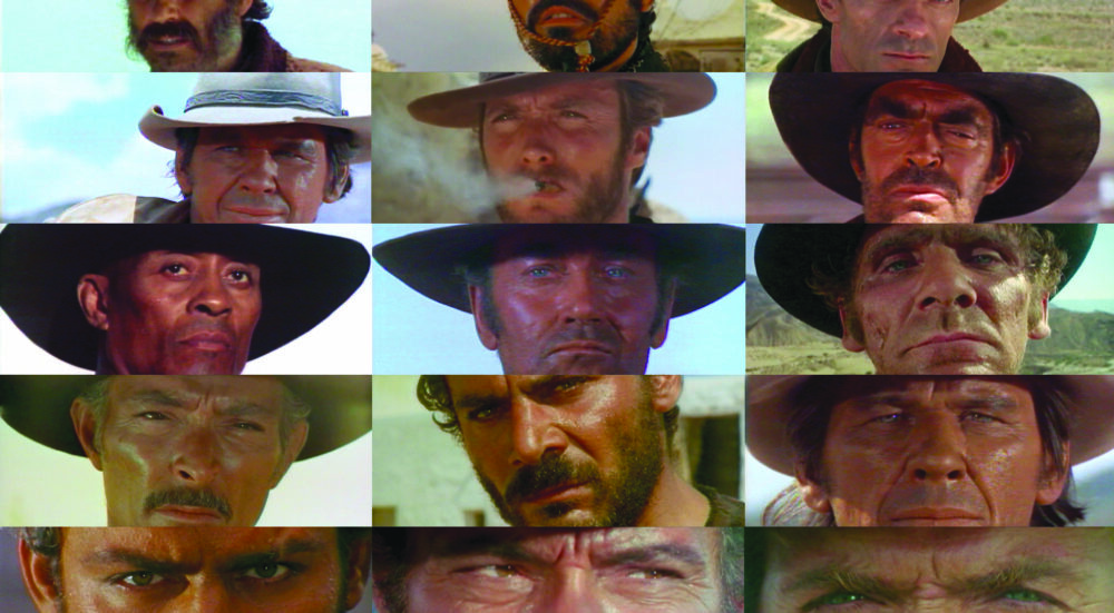 multiple close-up images in a grid depicting the faces and eyes of cowboys from old western movies