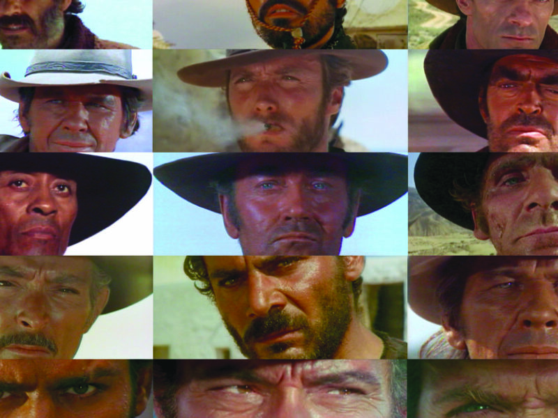 multiple close-up images in a grid depicting the faces and eyes of cowboys from old western movies