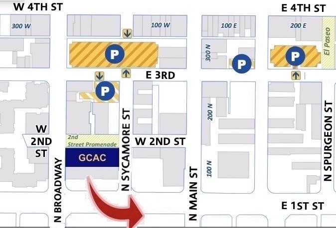 Evacuation Map for Grand Central Art Center. Grid of downtown santa ana streets. Red arrow pointing away from blue box labeled GCAC pointing towards 1st and Sycamore Street