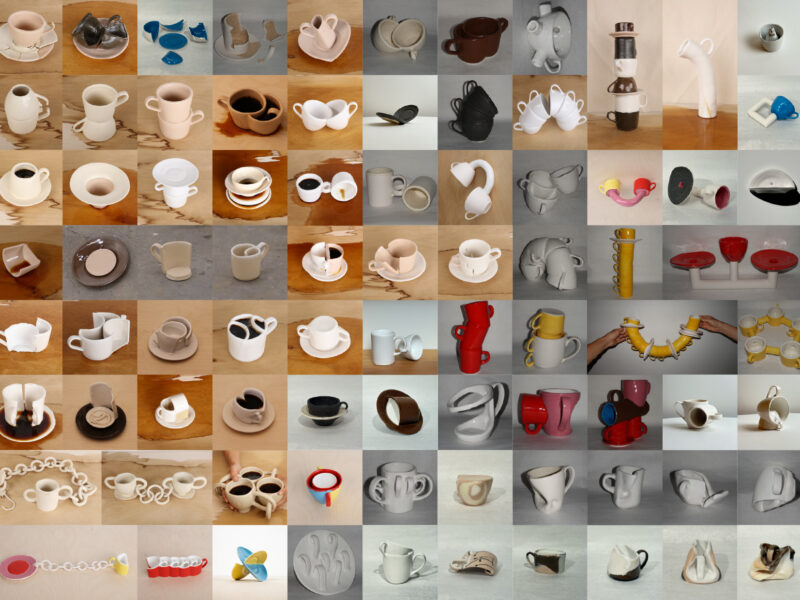 a grid of eighty-two different ceramic cups