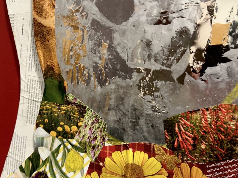 Abstract image of collage with mirror type material and yellow flowers against red background