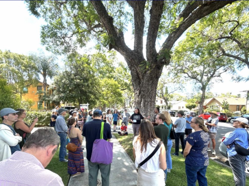 Individuals stand in a circle around a large tree.