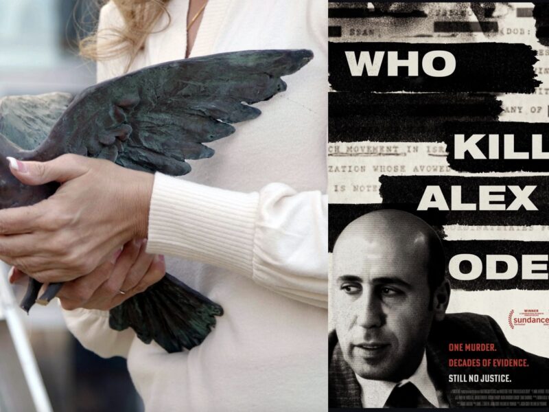 A split image left and right. On the left, a woman's hands hold a metal (bronze) dove sculpture. On the right, the movie poster for the film titled "Who Killed Alex Odeh? that features text with the title and an image of Alex Odeh.
