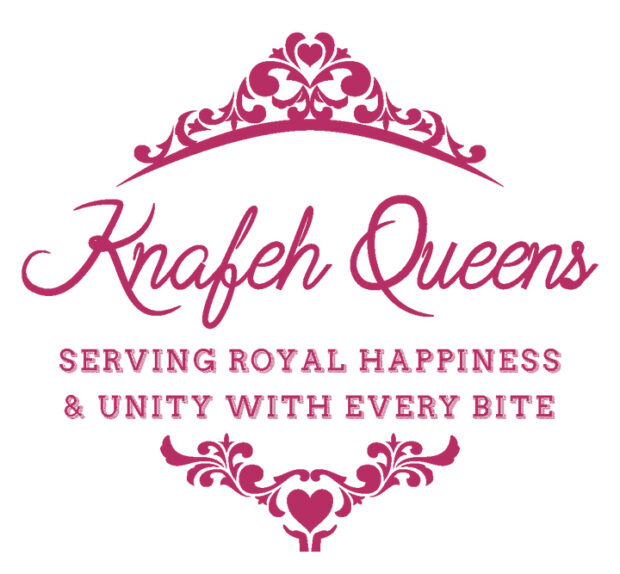 A magenta logo on a white background featuring the stylized script “Knafeh Queens” beneath an ornate, heart-shaped crown. Below the name, bold decorative text reads, “SERVING ROYAL HAPPINESS & UNITY WITH EVERY BITE.” A symmetrical ornamental flourish with a heart motif decorates the bottom of the design.
